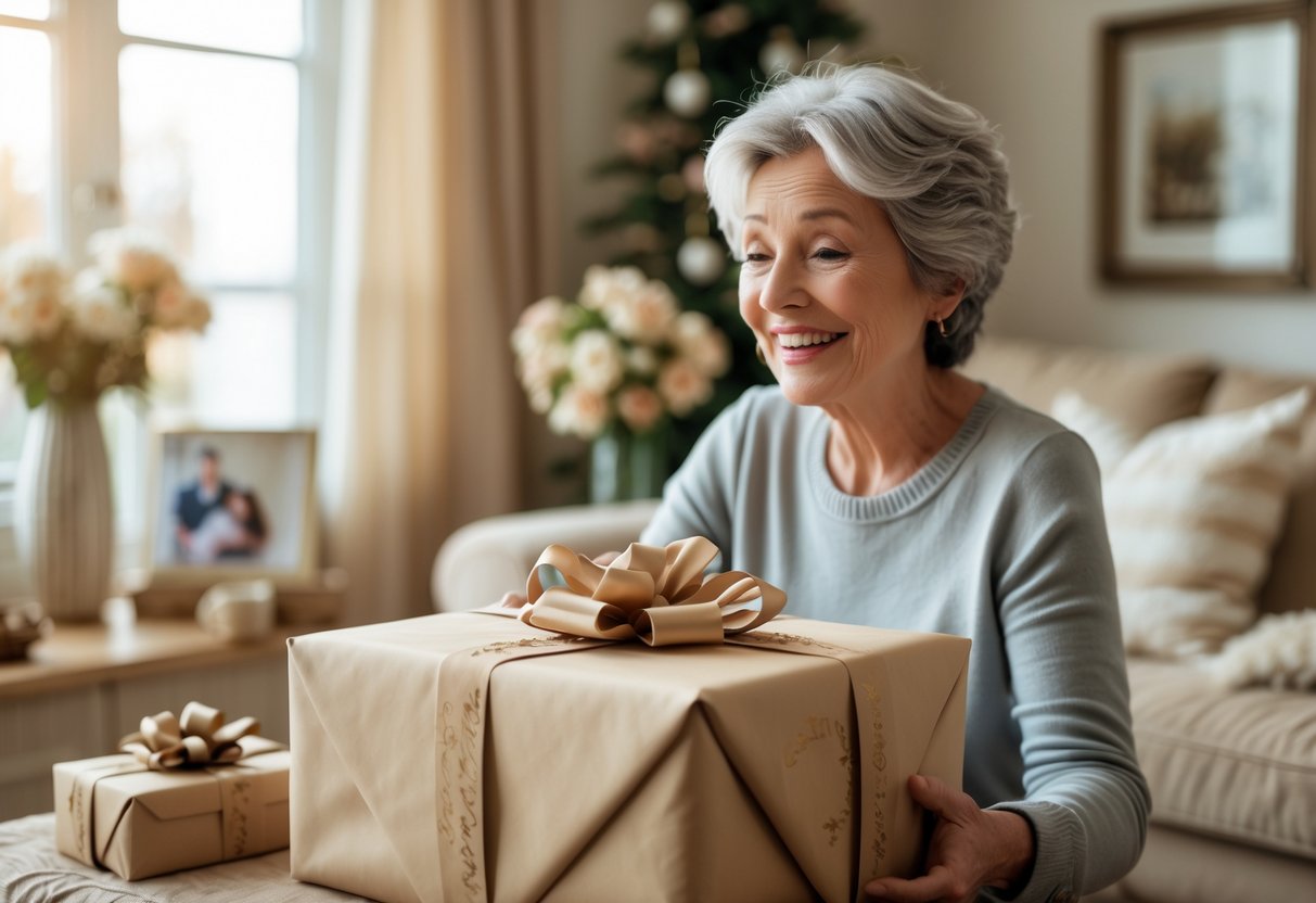 A mother receiving a personalized gift from her adult child in a cozy living room, both smiling warmly.