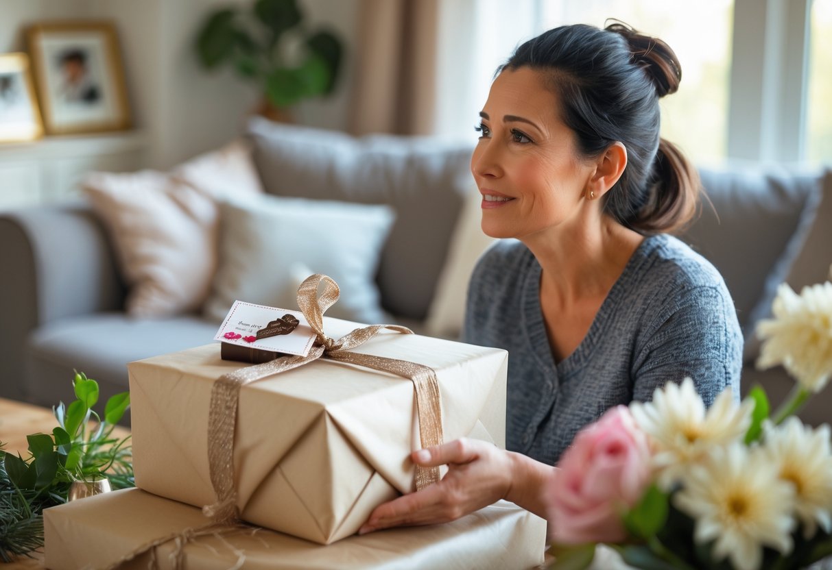 A mother receiving a thoughtfully wrapped gift in a cozy living room, looking touched and appreciative.