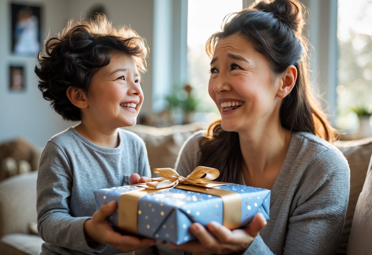 A mother with tears of joy receiving a personalized gift from her smiling child in a cozy living room.