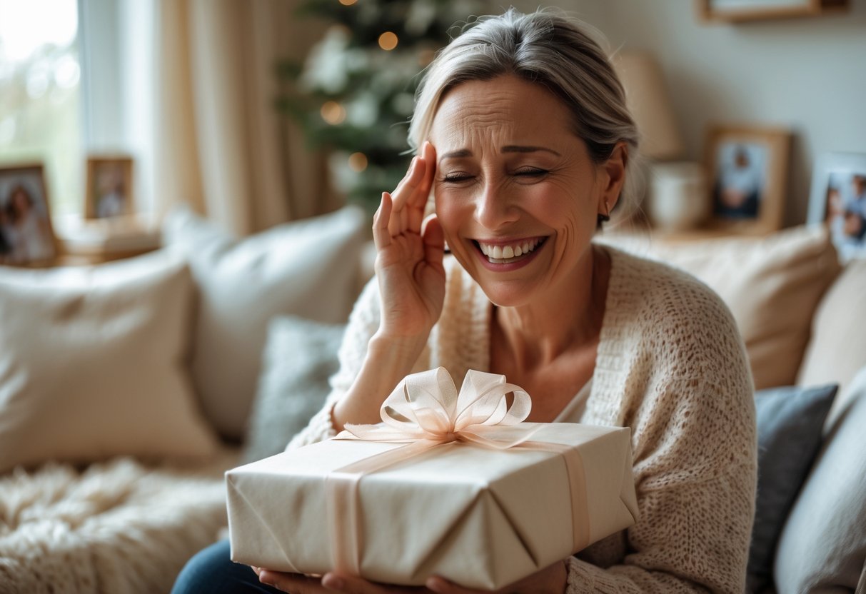 A mother smiling with happy tears while holding a personalized gift in a cozy living room.