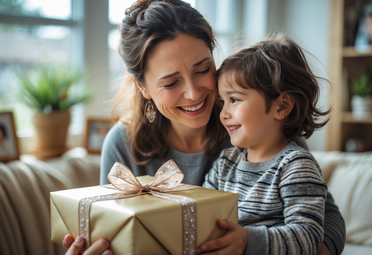 A mother with happy tears holds a personalized gift while her child smiles lovingly at her in a cozy home.