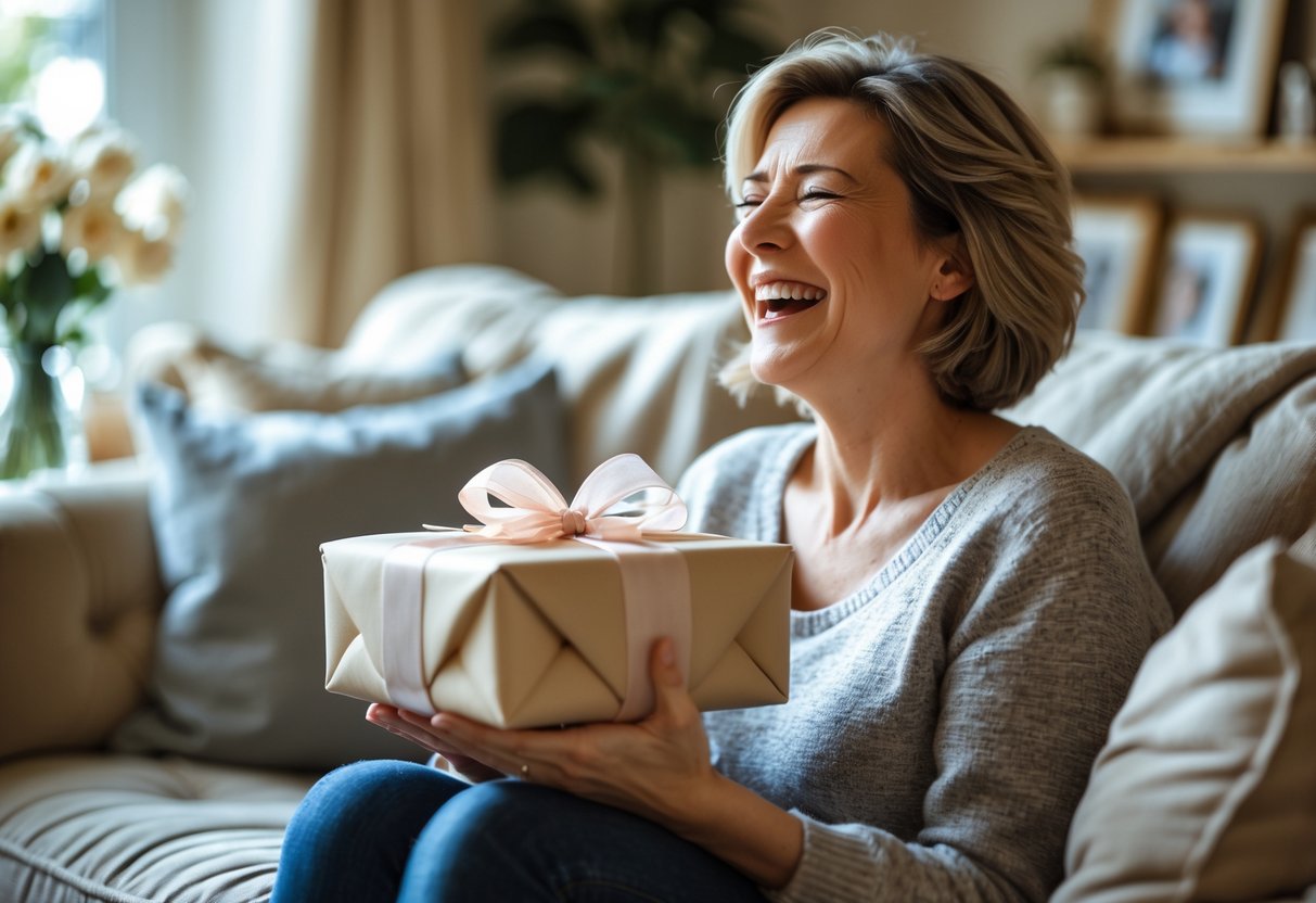 A mother sitting on a sofa, holding a wrapped gift with happy tears in her eyes, surrounded by cozy home decor.