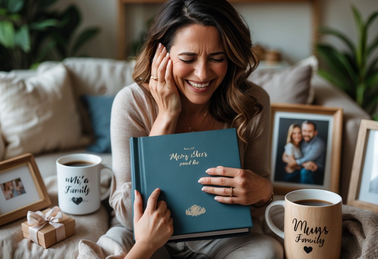 A joyful mother with happy tears holding a personalized photo album surrounded by custom gifts in a cozy home setting.