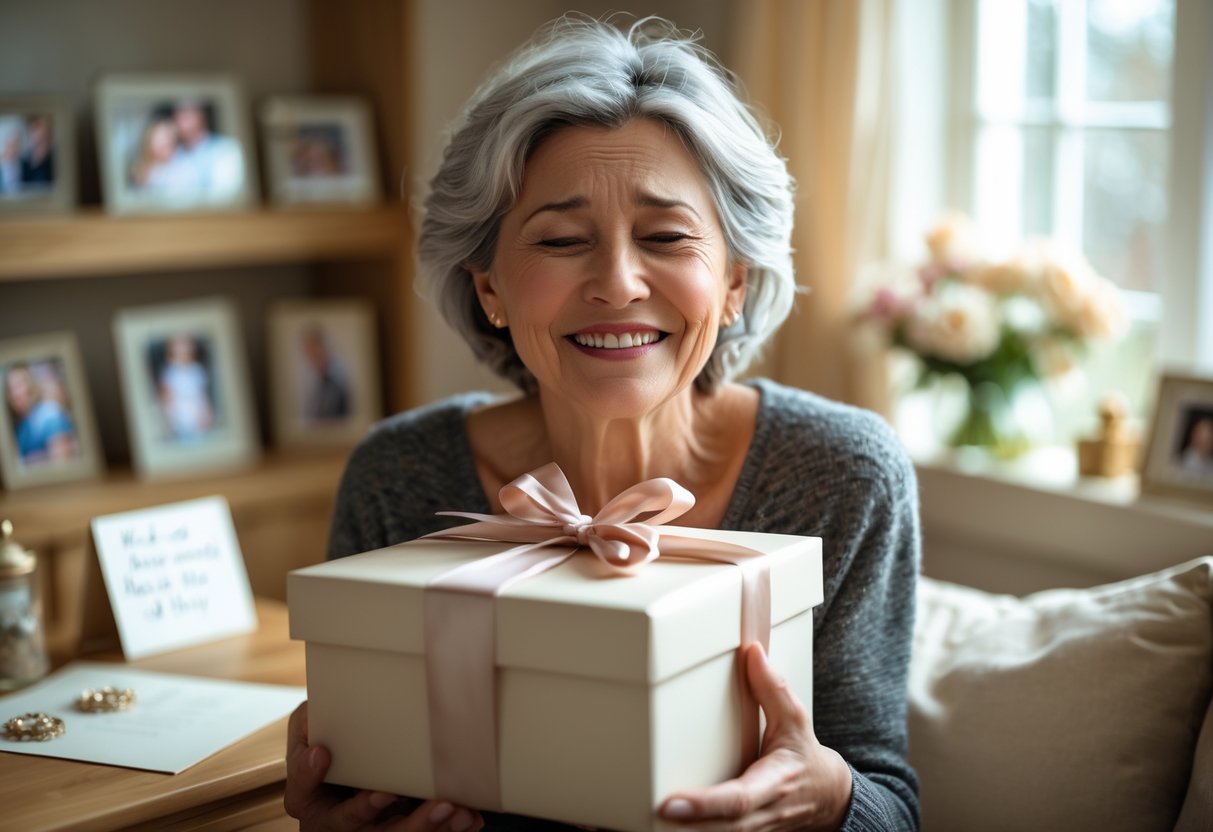 A middle-aged woman smiling with tears of joy while holding a wrapped personalized gift in a cozy living room filled with family photos and flowers.