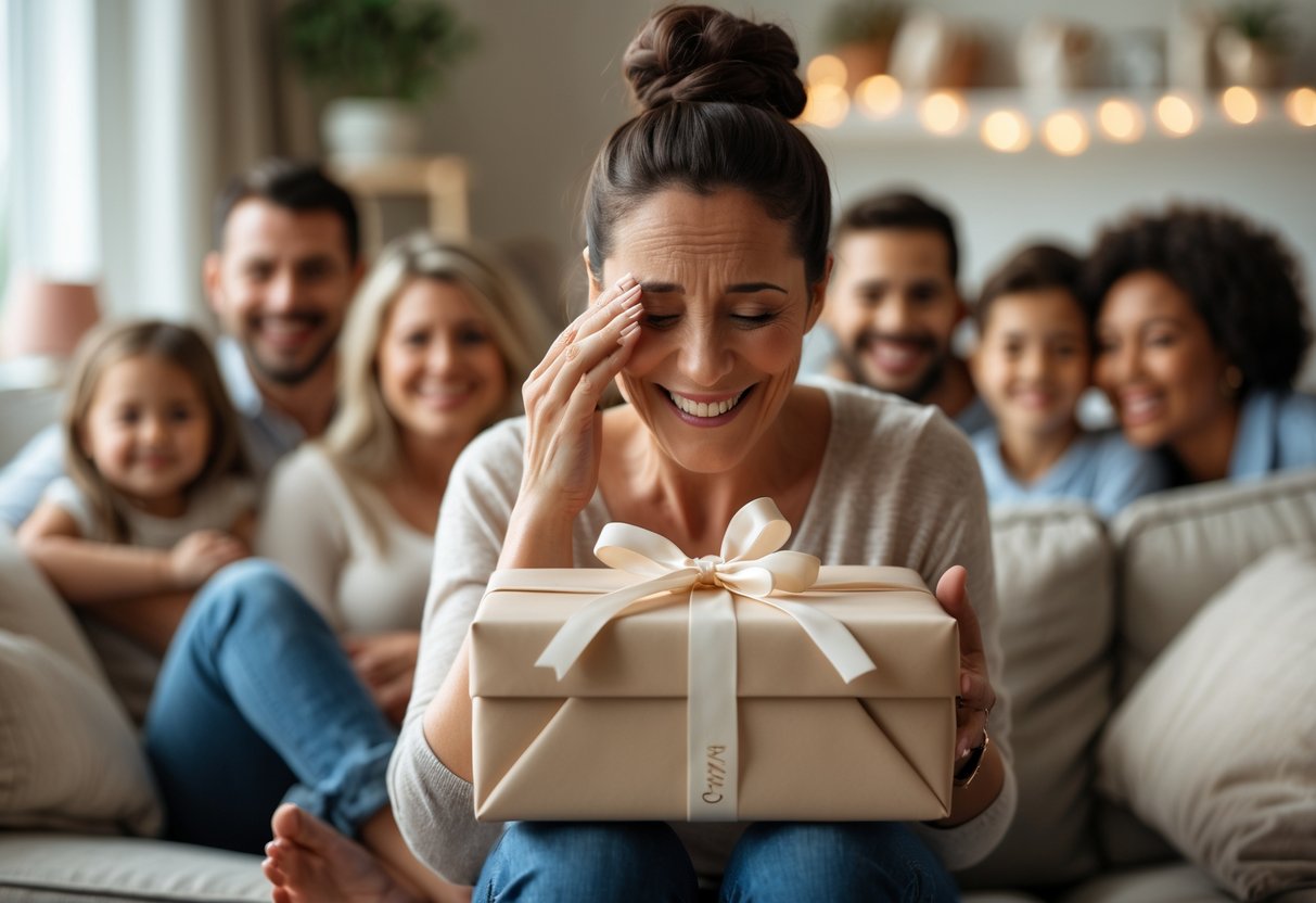 A mother wiping happy tears while holding a personalized gift in a cozy living room, surrounded by smiling family members.