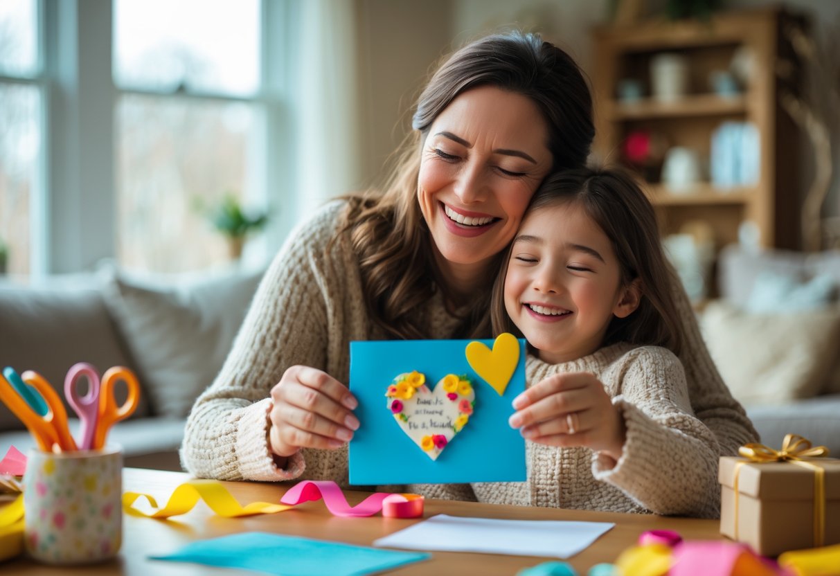 A mother smiling with happy tears as she holds a handmade personalized gift given by her child in a cozy living room.