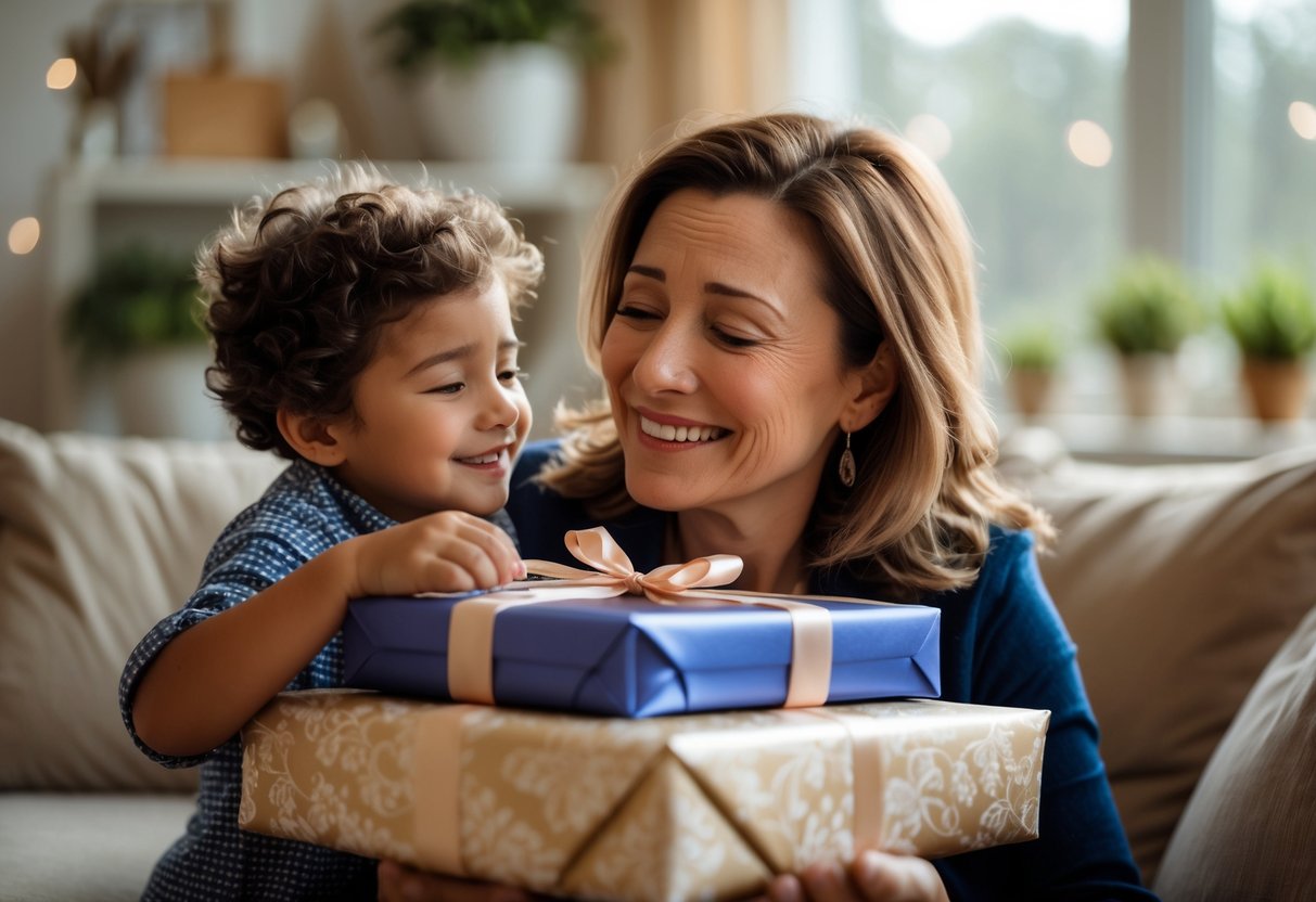 A mother tearfully receives a personalized gift from her child in a cozy living room, sharing a heartfelt moment of love and connection.