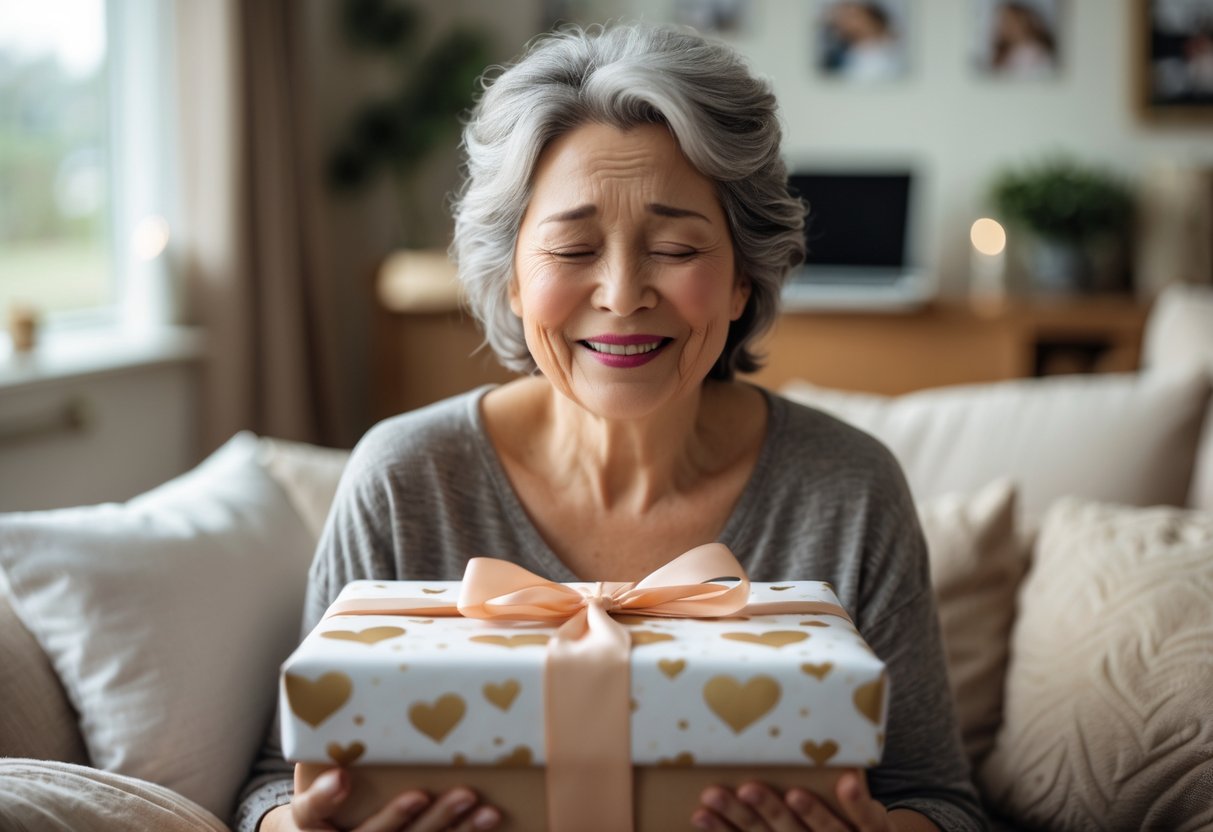 A middle-aged woman sitting in a cozy room, smiling with tears of joy while holding a personalized gift.