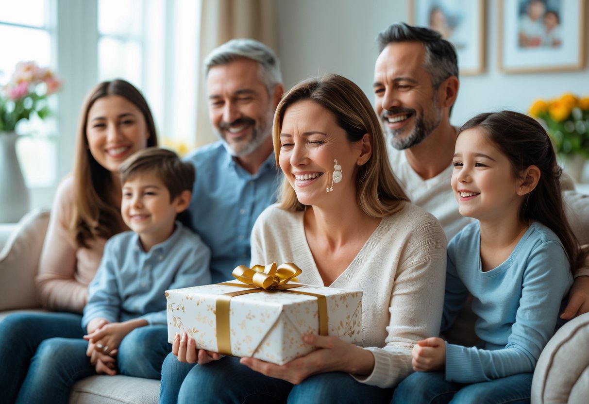 A mother sitting on a couch with tears of joy holding a wrapped gift, surrounded by smiling family members in a cozy living room.