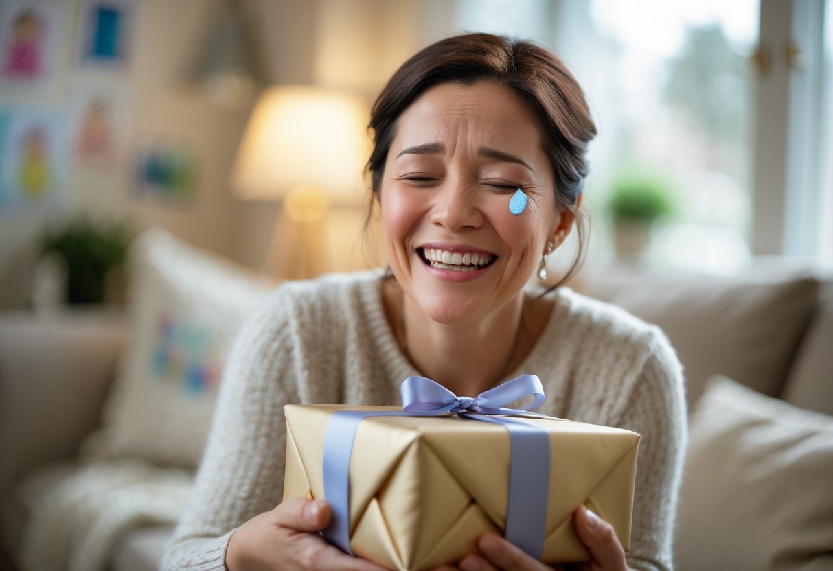 A smiling mother with tears of happiness holding a wrapped personalized gift in a cozy living room.