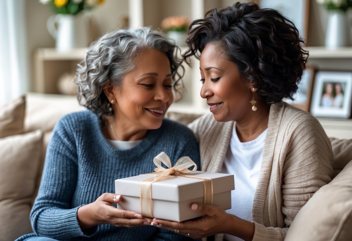 A mother receiving a personalized gift from her adult child in a cozy living room, both sharing a warm and emotional moment.