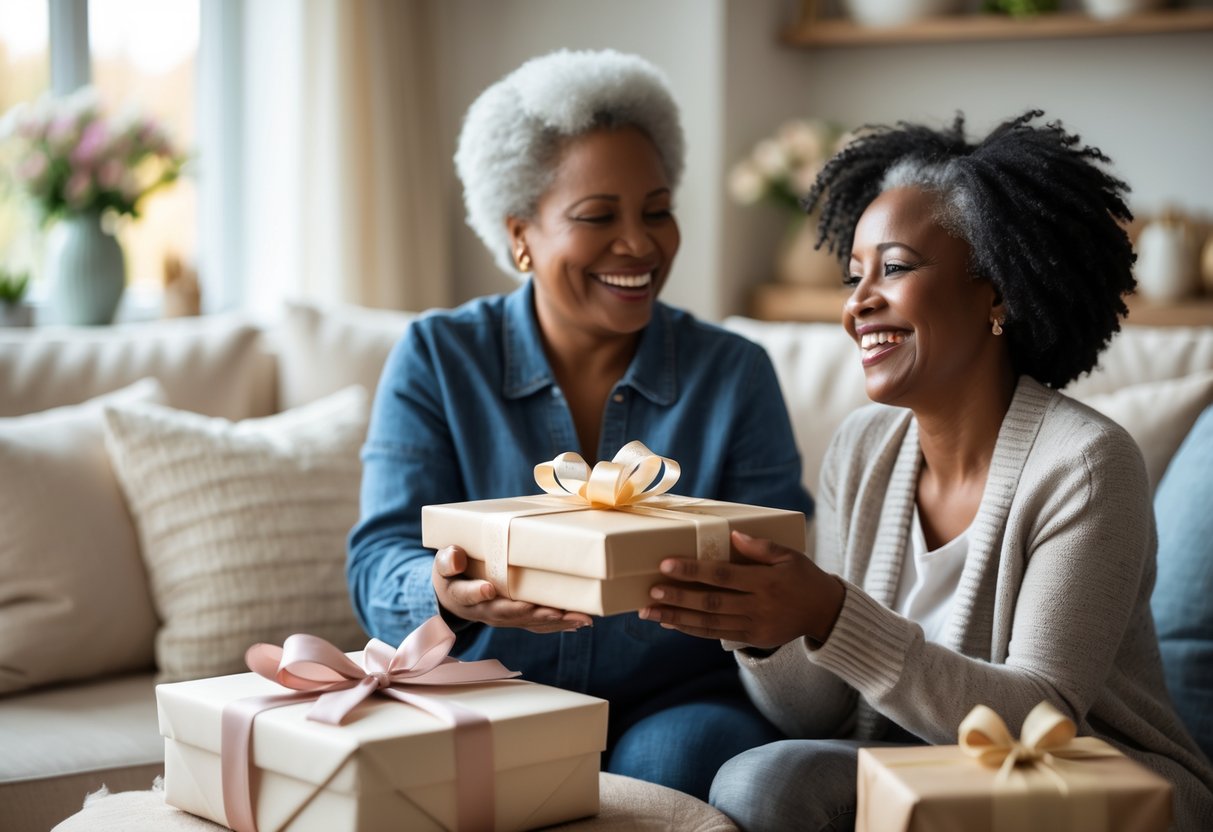 An adult child giving a beautifully wrapped personalized gift to their smiling mother in a cozy living room.