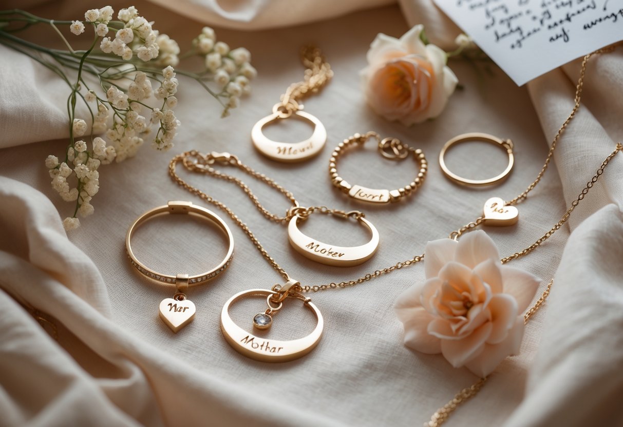 Close-up of personalized jewelry gifts for mom arranged with flowers and a handwritten note on a soft fabric background.