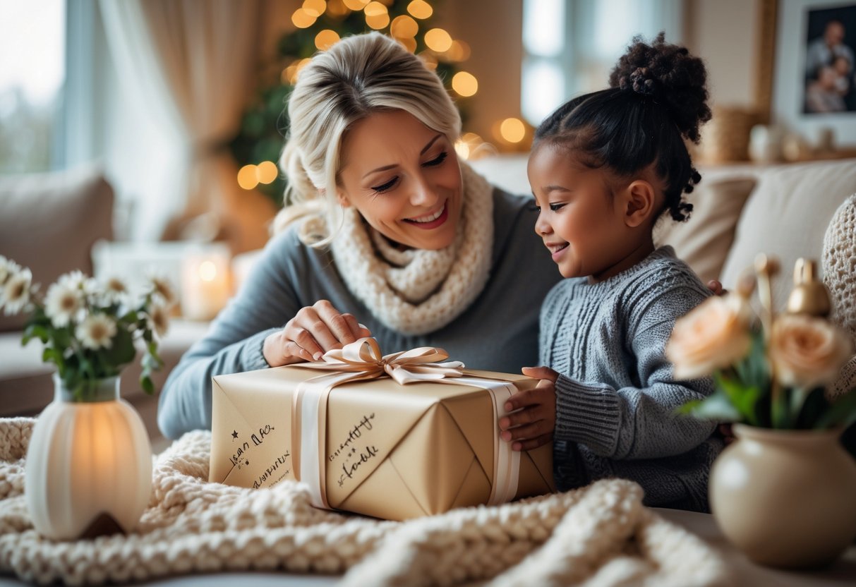 A mother receiving a personalized gift from her child in a cozy living room, both sharing a tender and emotional moment.