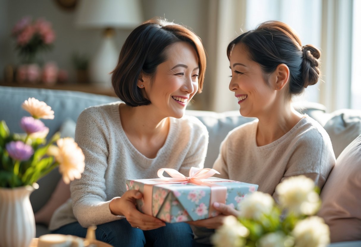A mother and adult child sharing a warm moment as the child gives the mother a beautifully wrapped personalized gift in a cozy, sunlit living room.