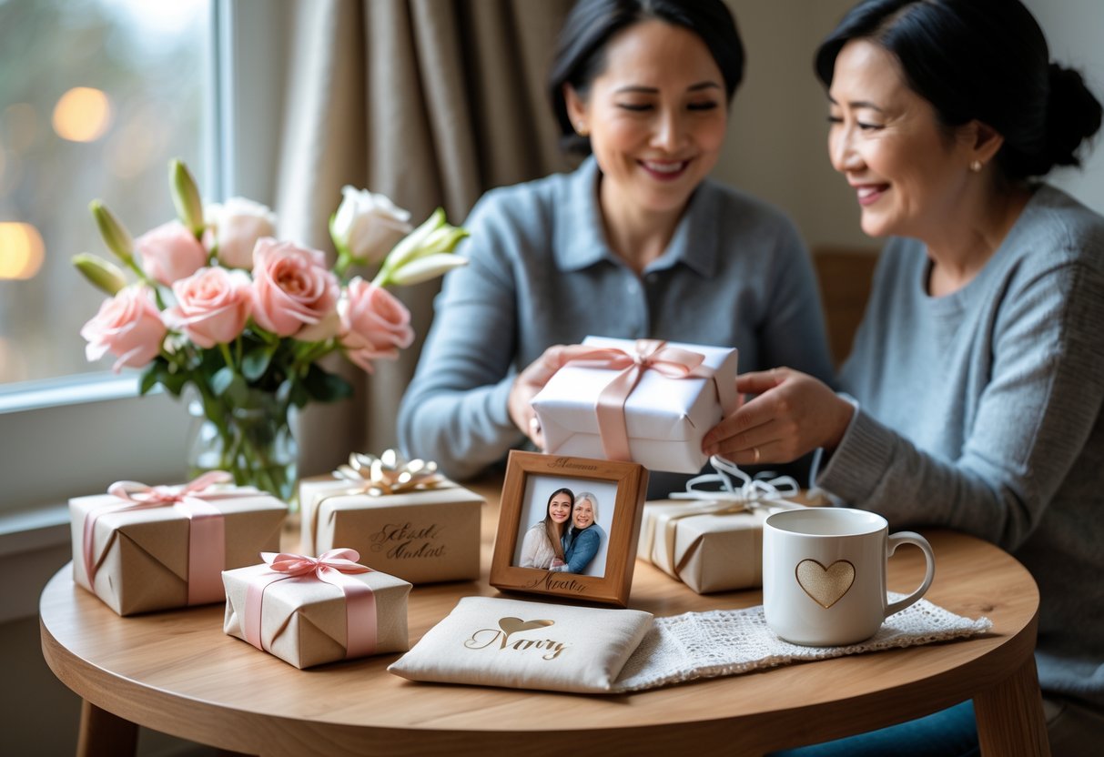 A mother and adult child sharing a warm moment as the child gives personalized gifts on a wooden table decorated with flowers.