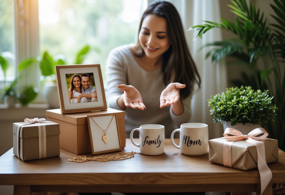 A mother smiling warmly as she receives a variety of personalized gifts arranged on a wooden table in a cozy room.