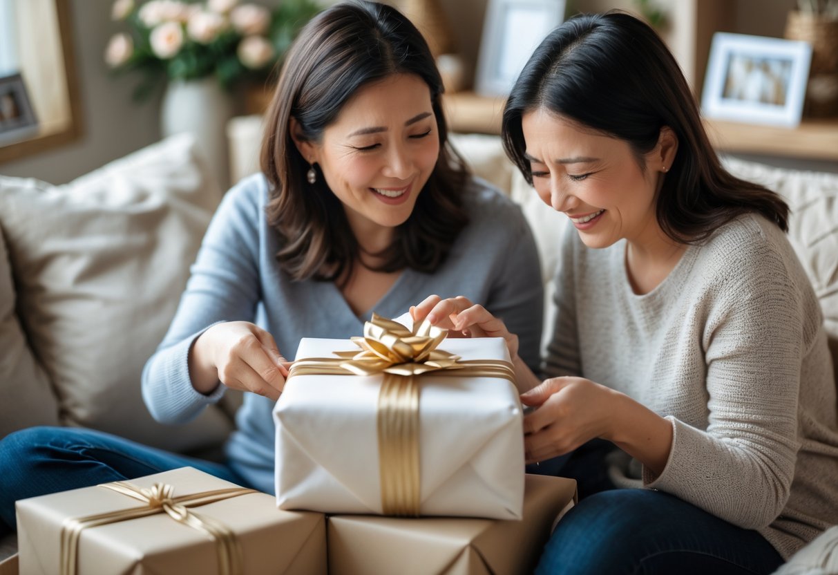 A mother and adult child exchanging personalized gifts in a cozy living room, sharing a heartfelt moment.