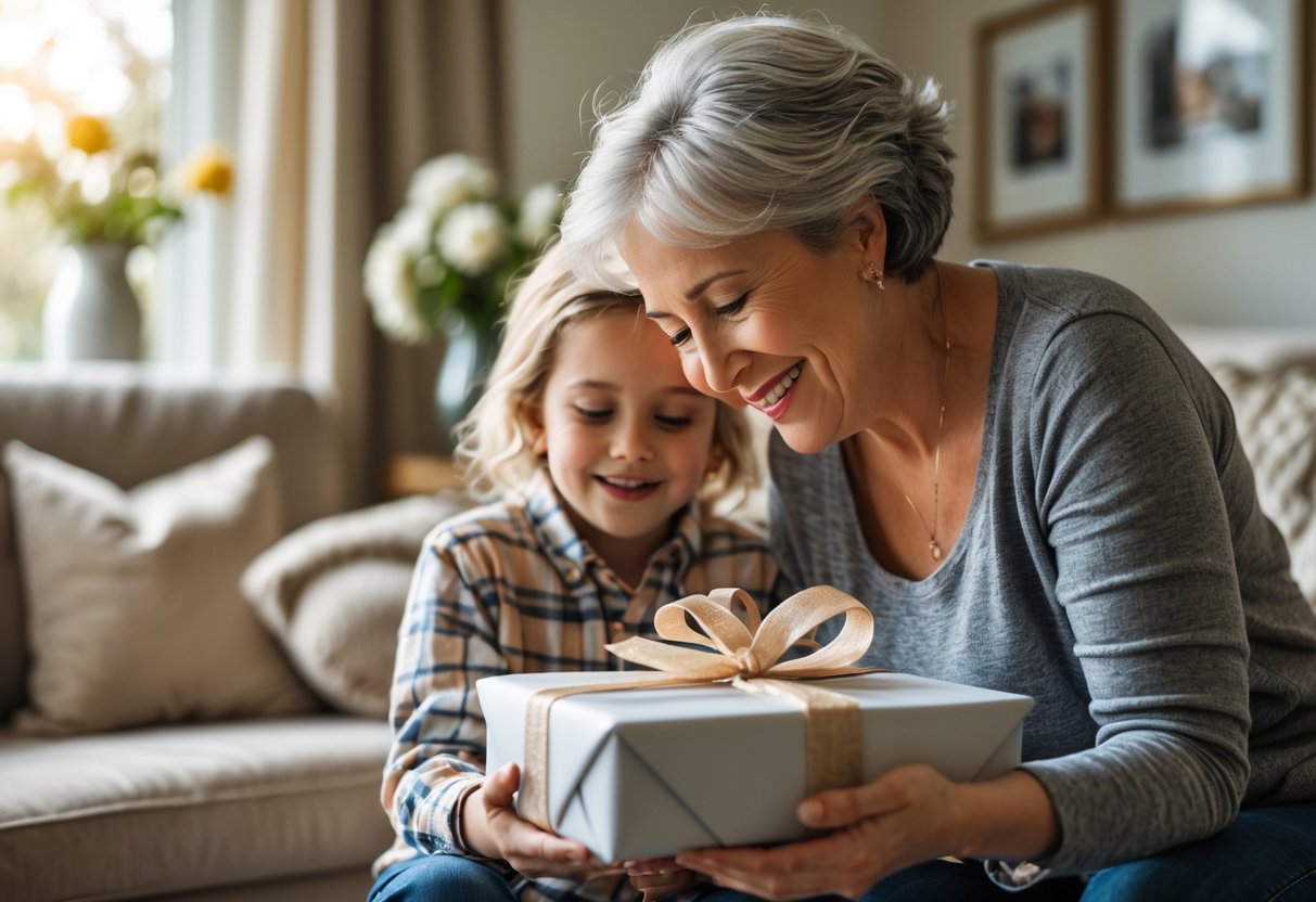 A mother smiling warmly as she opens a personalized gift from her adult child in a cozy living room.