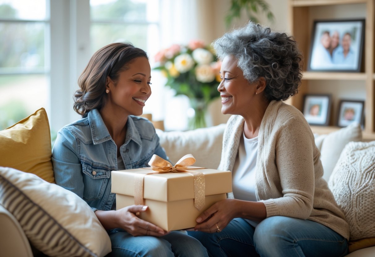 A mother receiving a wrapped personalized gift from her adult child in a cozy living room, both sharing a warm and emotional moment.