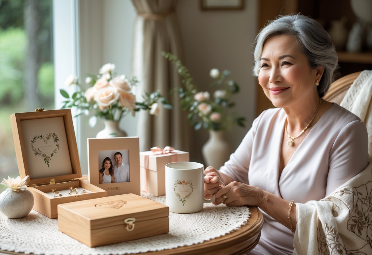 A smiling middle-aged woman sitting at a table surrounded by personalized gifts like a wooden jewelry box, framed photo, ceramic mug, and embroidered shawl in a sunlit room.
