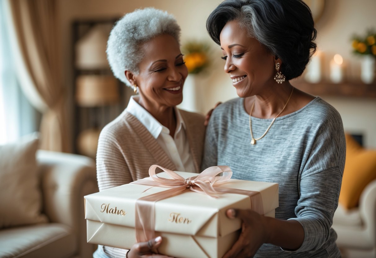 A mother receiving a beautifully wrapped personalized gift from her adult child in a cozy living room, both smiling warmly.