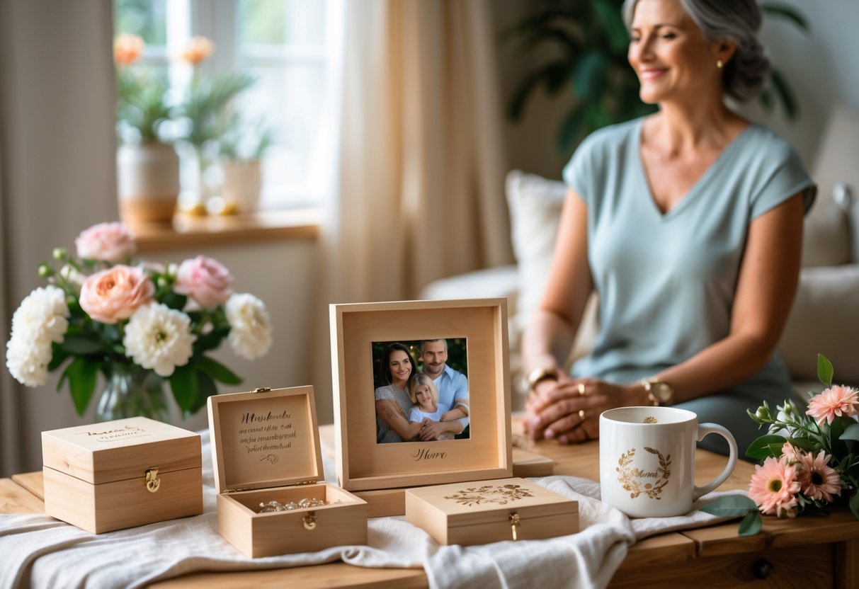 A cozy living room scene featuring personalized gifts like an engraved jewelry box, custom photo frame, bracelet, and ceramic mug arranged on a wooden table, with a smiling woman in the background.