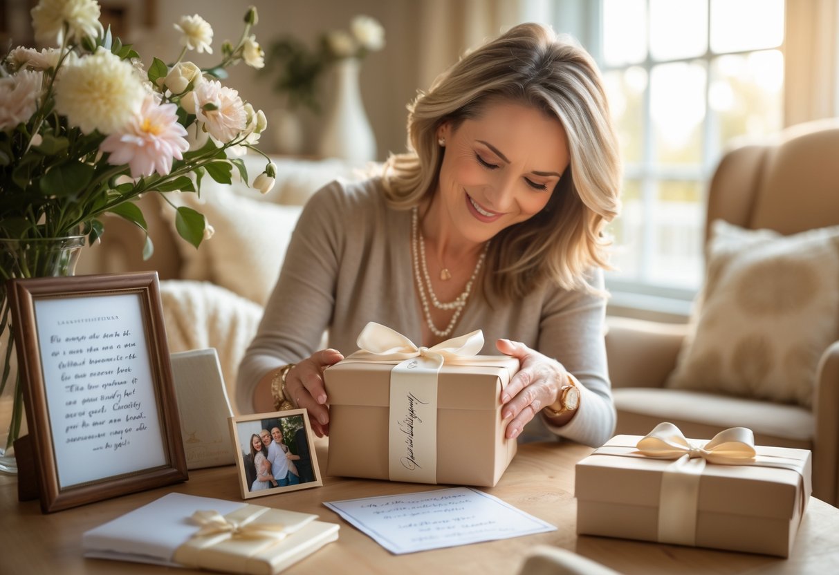 A mother smiling as she unwraps a personalized gift in a cozy living room filled with flowers and family items.