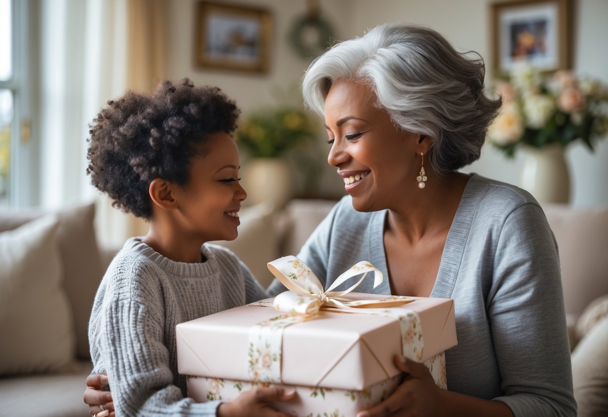 A mother and adult child share a warm moment as the child gives the mother a beautifully wrapped personalized gift in a cozy living room.