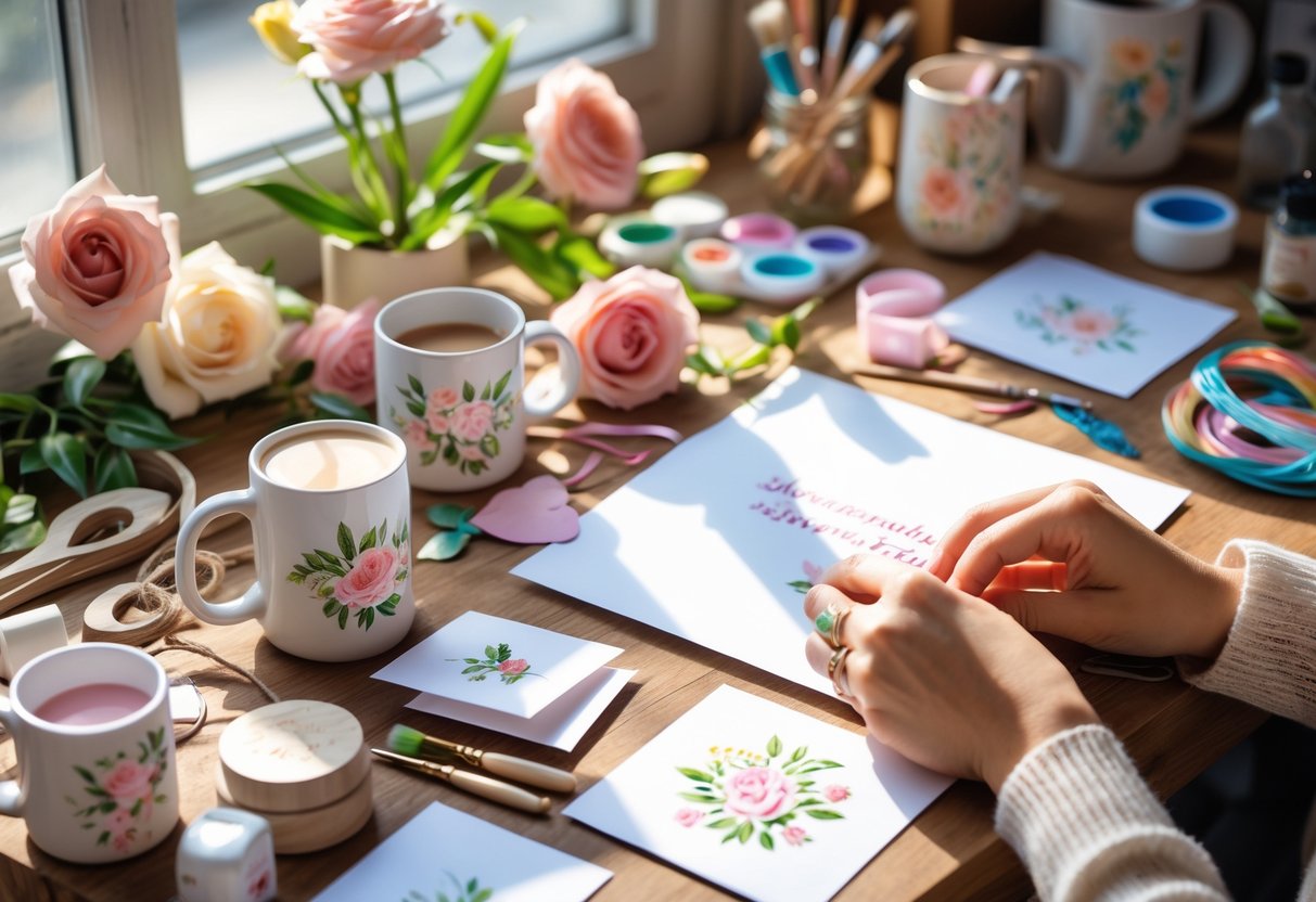 A sunlit table with handmade gifts, flowers, and art supplies, showing hands creating a personalized card for mom.