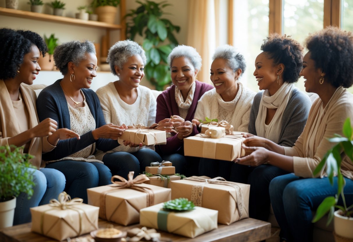 A group of women exchanging handmade and eco-friendly gifts in a cozy, sunlit room filled with plants.