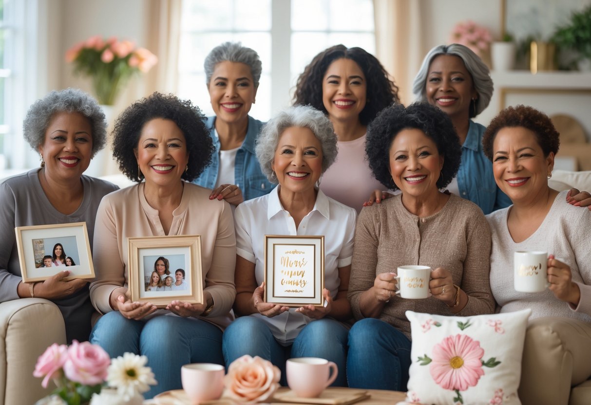 Several mothers holding personalized gifts in a cozy living room, smiling and enjoying a warm, loving moment together.