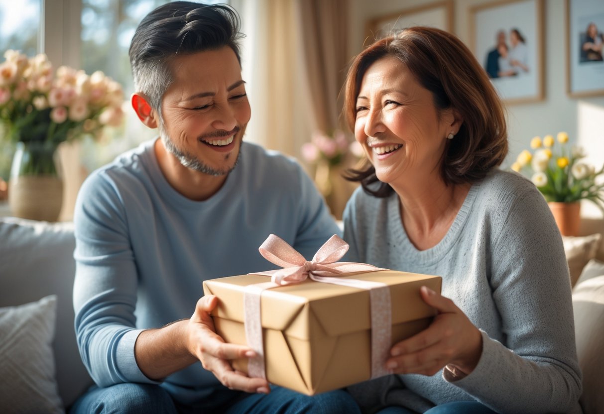 An adult child giving a wrapped custom gift to their happy mother in a cozy living room.