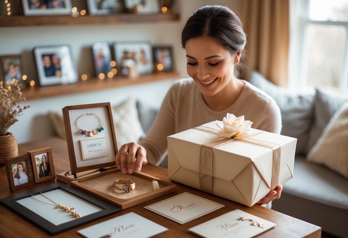 A person holding a wrapped gift box at a table with personalized gifts, in a cozy living room with family photos in the background.