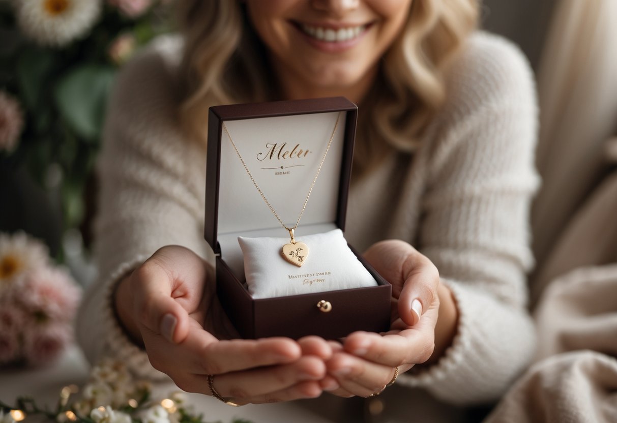 A mother smiling with joy as she receives a personalized necklace gift from someone, focusing on the necklace in an open jewelry box.