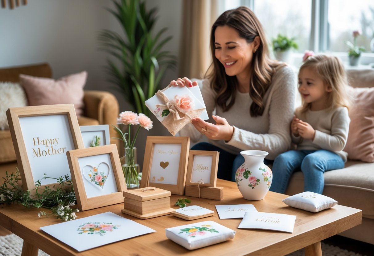 A mother happily receiving personalized keepsakes and custom gifts from a family member in a cozy living room.