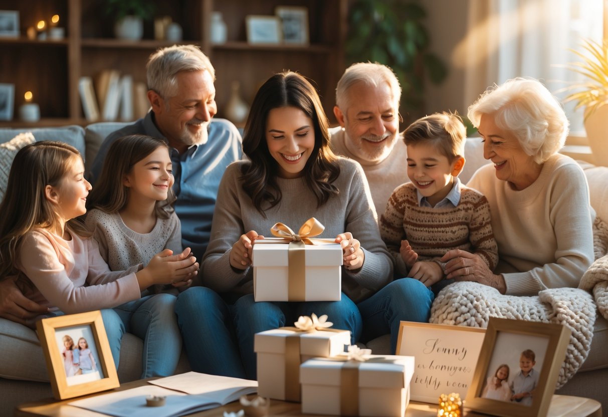 A mother smiling as she opens a custom gift while surrounded by her family in a cozy living room.
