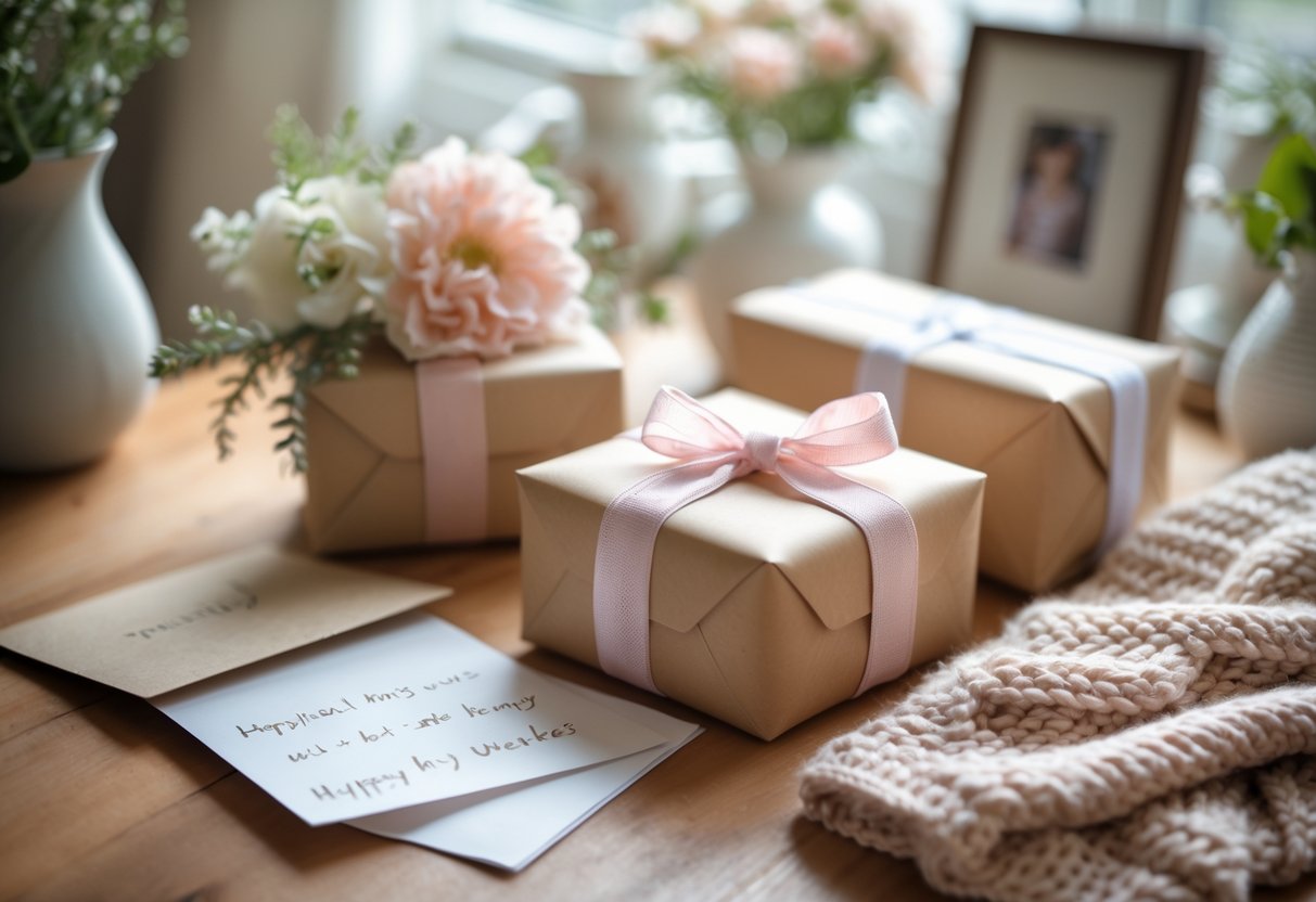 A table with personalized gifts including a wrapped box, handwritten card, knitted scarf, and fresh flowers in a cozy home setting.