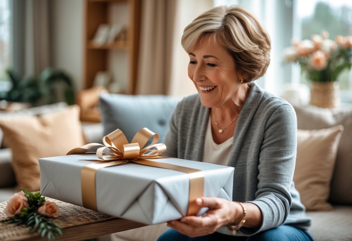A mother happily opening a personalized gift from her adult child in a warm, cozy living room.
