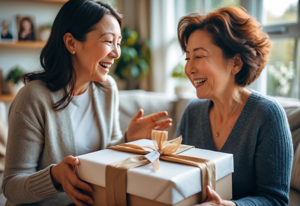 A person giving a beautifully wrapped custom gift to their smiling mother in a cozy living room.