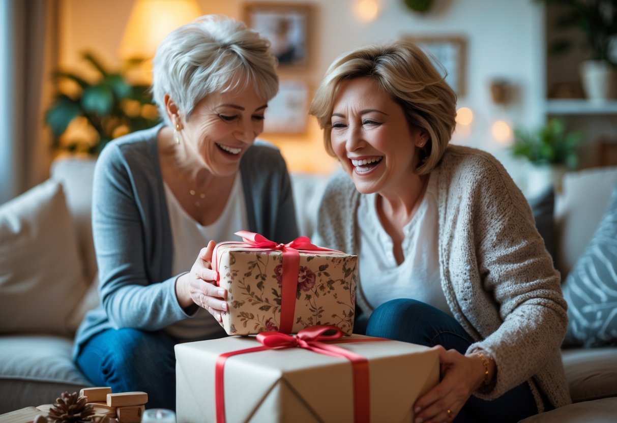 A mother joyfully receiving a custom gift from her adult child in a cozy living room.