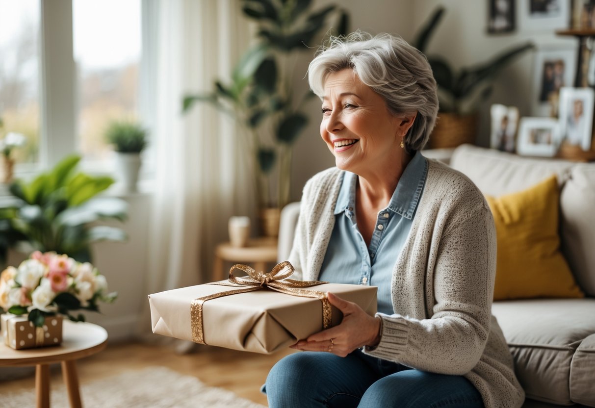 A mother happily receiving a personalized gift from her adult child in a cozy living room.