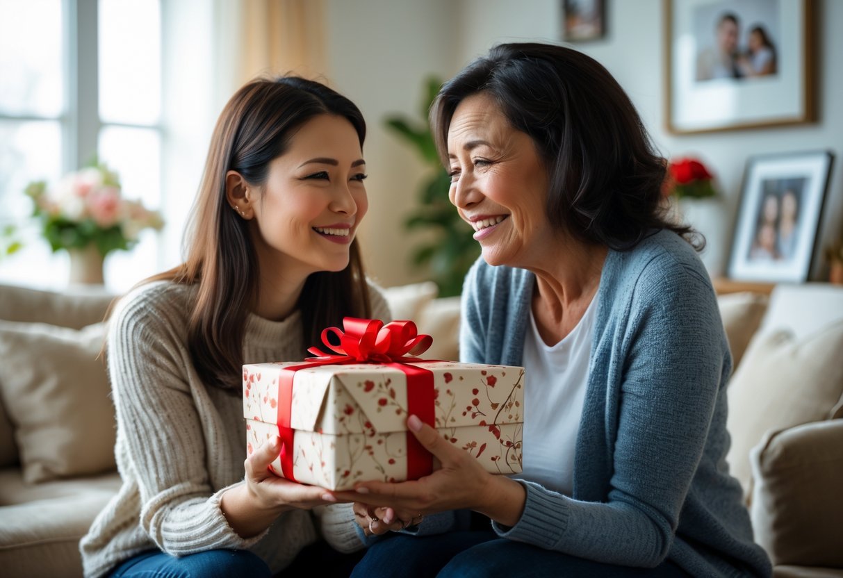 A daughter giving a wrapped gift to her smiling mother in a cozy living room.
