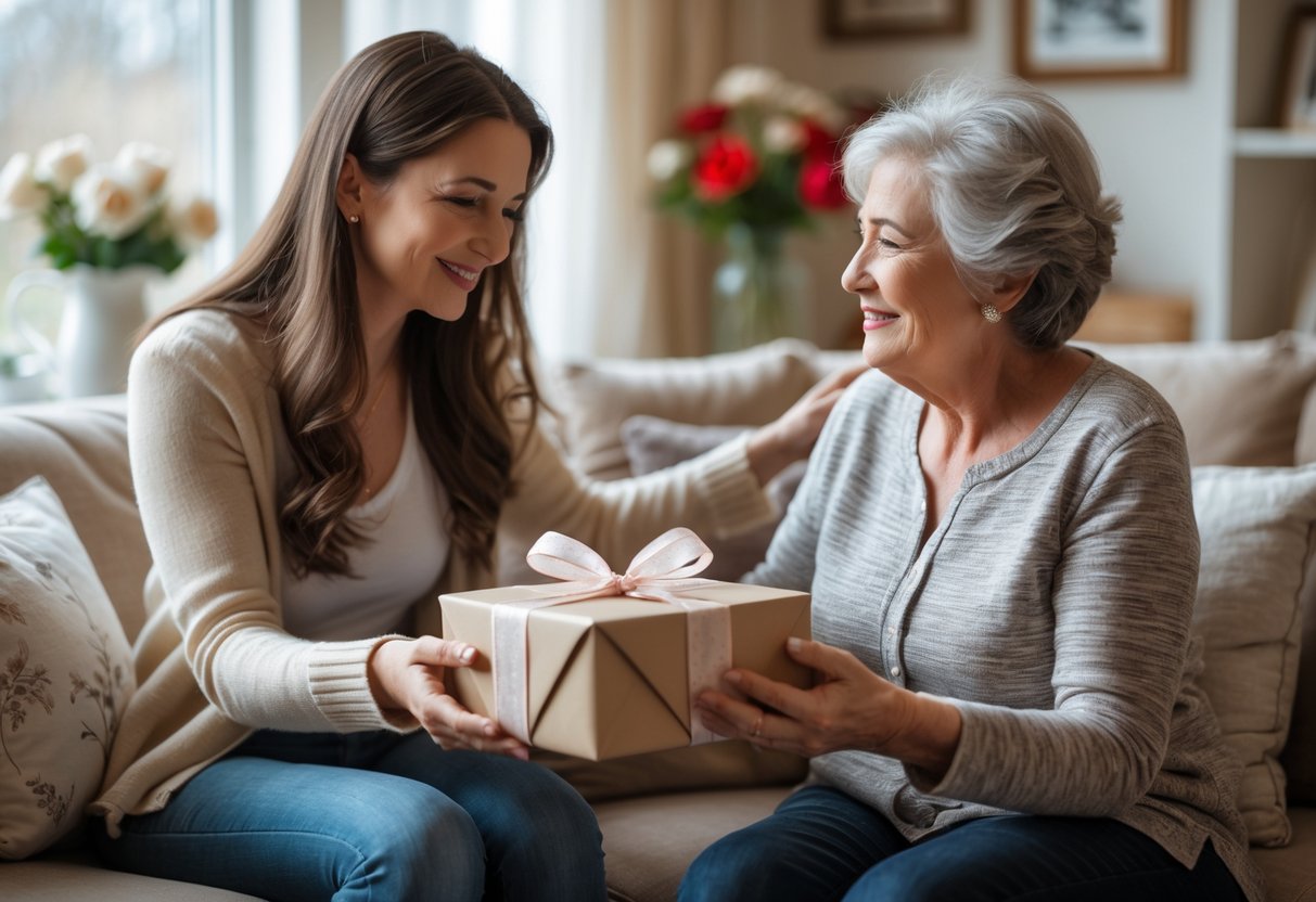 A daughter giving a wrapped gift to her mother as they sit together on a sofa, sharing a warm and emotional moment.