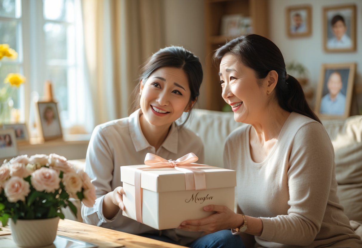 A daughter giving a personalized gift to her smiling mother in a cozy living room.