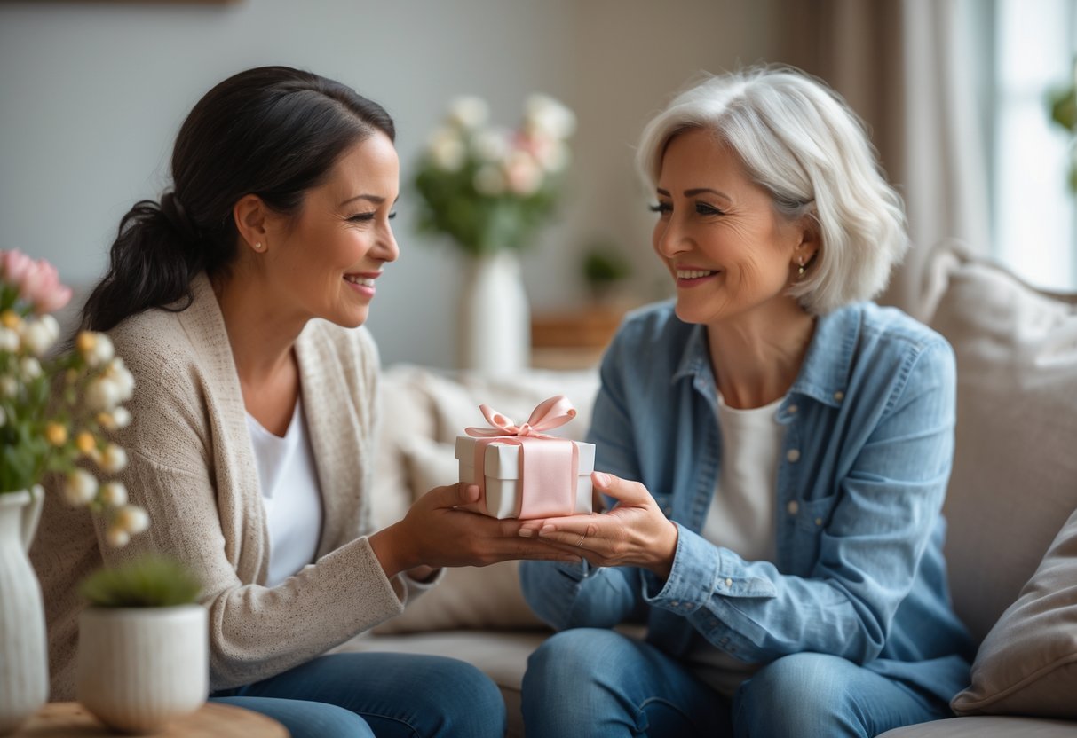 A daughter giving a wrapped gift to her smiling mother in a cozy living room.