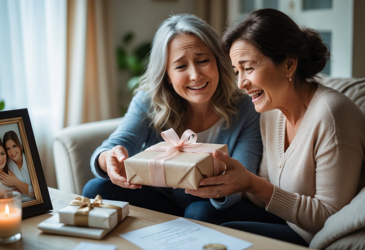 A daughter giving a wrapped gift to her emotional mother in a cozy living room.