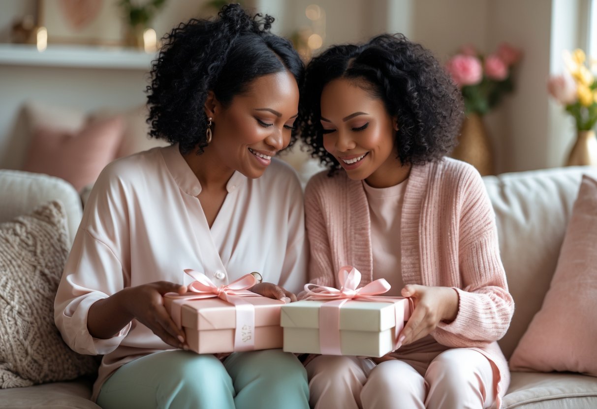 A mother and daughter sitting together exchanging matching personalized gifts, smiling warmly at each other.