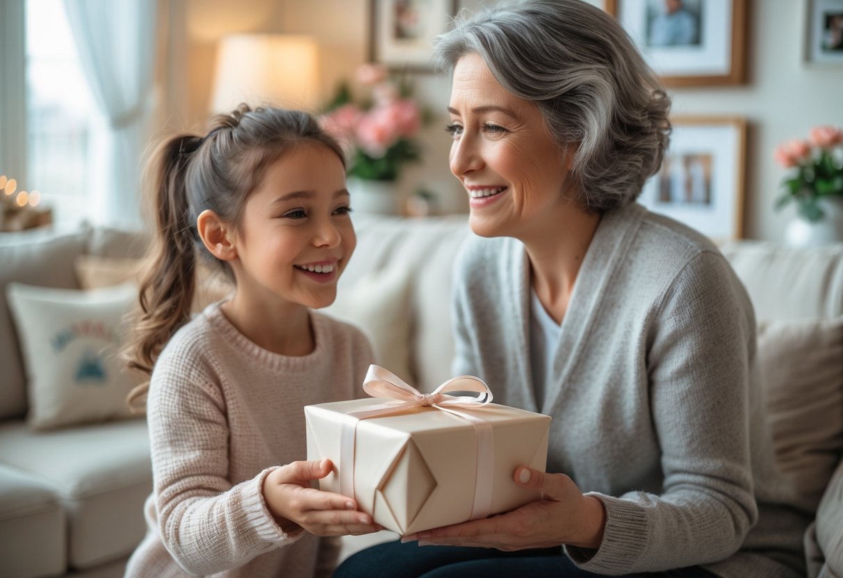 A daughter giving a personalized gift to her smiling mother in a cozy living room.