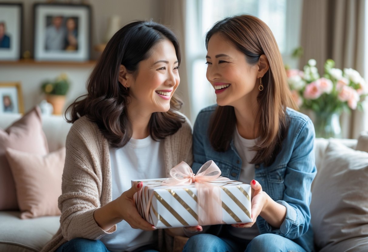 A daughter smiling as she gives a wrapped gift to her mother in a cozy living room.
